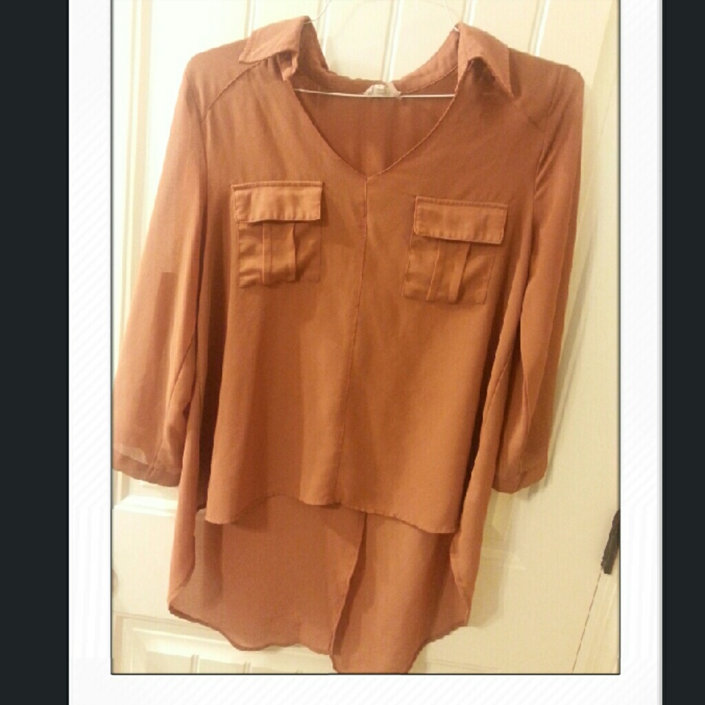 Clay colored, sheer high low top